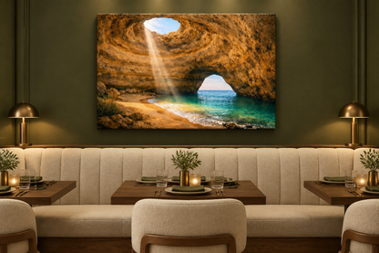 Benagil sea cave landscape canvas displayed in an olive green restaurant - Portugal Canvas Co