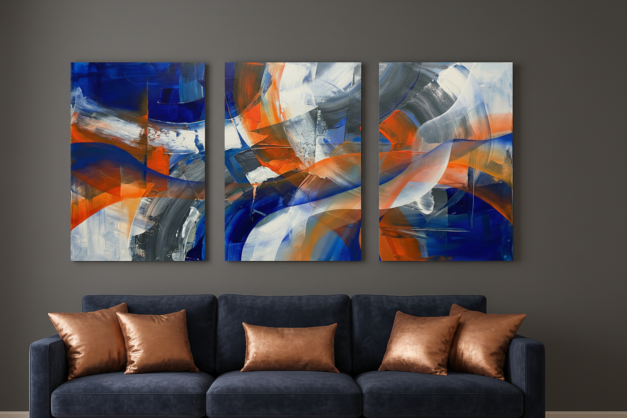 Blue orange abstract brushstroke triptych canvas wall art displayed on charcoal grey wall above navy velvet sofa in moody sophisticated living room - Portugal Canvas Co