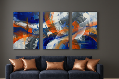 Blue orange abstract brushstroke triptych canvas wall art displayed on charcoal grey wall above navy velvet sofa in moody sophisticated living room - Portugal Canvas Co