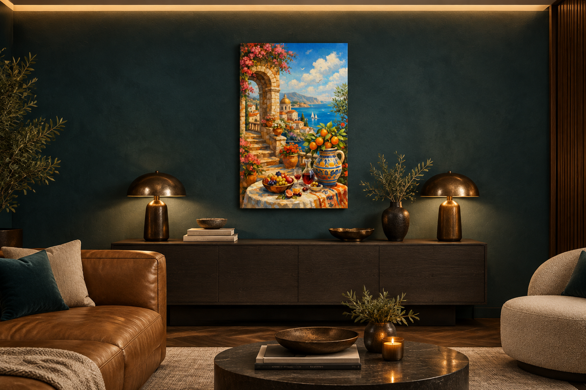 Mediterranean terrace dining scene canvas in a teal and caramel luxury penthouse living room with lamp lighting - Portugal Canvas Co