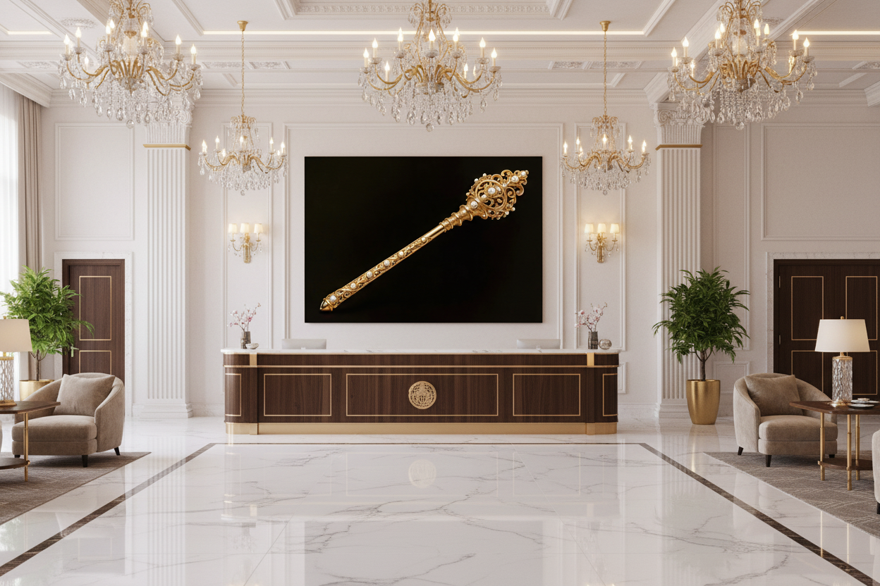 Royal golden scepter with pearl embellishments canvas wall art displayed on the feature wall of a grand luxury hotel reception lobby with marble floors and crystal chandeliers - Portugal Canvas Co