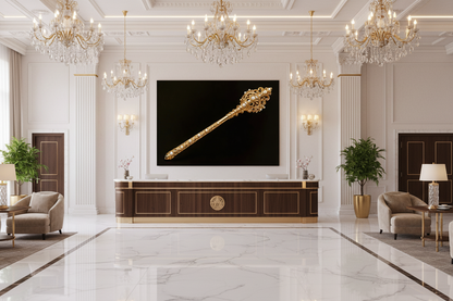 Royal golden scepter with pearl embellishments canvas wall art displayed on the feature wall of a grand luxury hotel reception lobby with marble floors and crystal chandeliers - Portugal Canvas Co