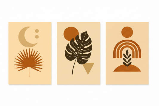 Modern boho botanical triptych canvas wall art set with terracotta moon palm leaf monstera and rainbow arch on cream background flat lay on white background - Portugal Canvas Co