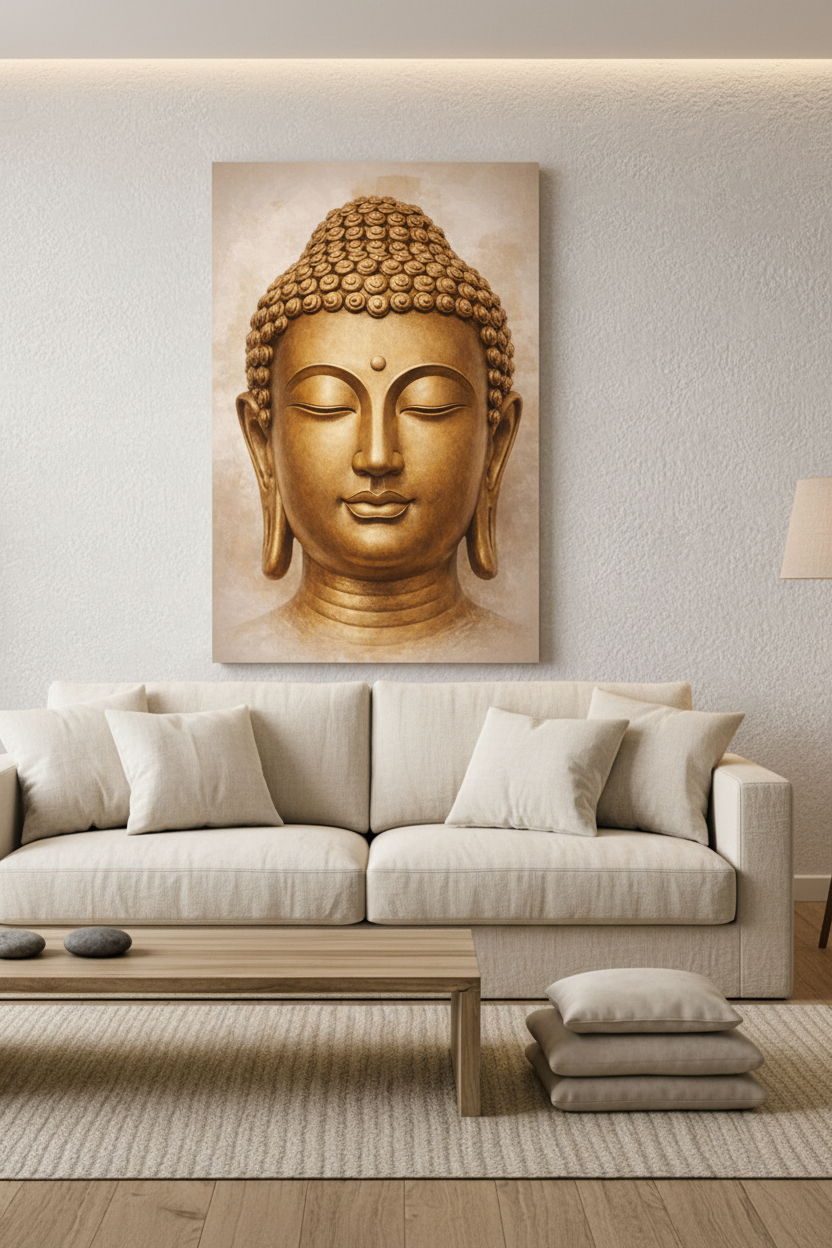 Golden Buddha face portrait canvas wall art above a cream sofa in a minimalist living room with warm ambient lighting - Portugal Canvas Co
