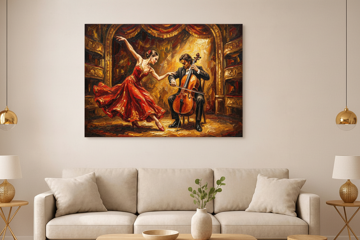 Flamenco dancer and cellist dramatic canvas wall art displayed on a warm beige wall above a cream sofa in an elegant living room with gold accents - Portugal Canvas Co