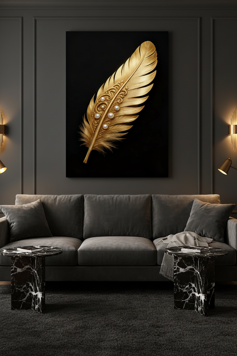 Golden angel feather with pearl embellishments canvas wall art displayed on the wall of a sophisticated dark luxury living room with charcoal walls and gold accent lighting - Portugal Canvas Co