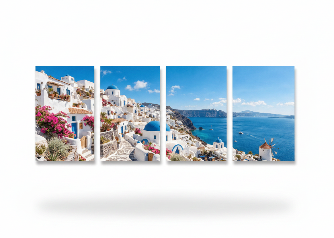 Santorini in Bloom four-panel canvas wall art on white background - Portugal Canvas Co
