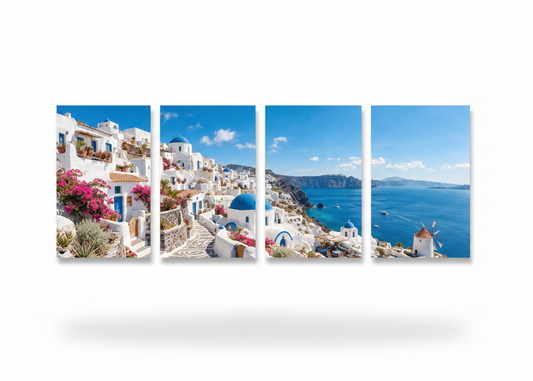 Santorini in Bloom four-panel canvas wall art on white background - Portugal Canvas Co