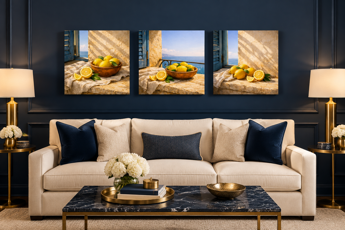 Mediterranean Lemon Window Trio canvas set displayed in a navy living room - Portugal Canvas Co