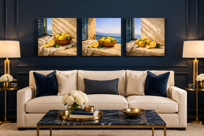 Mediterranean Lemon Window Trio canvas set displayed in a navy living room - Portugal Canvas Co