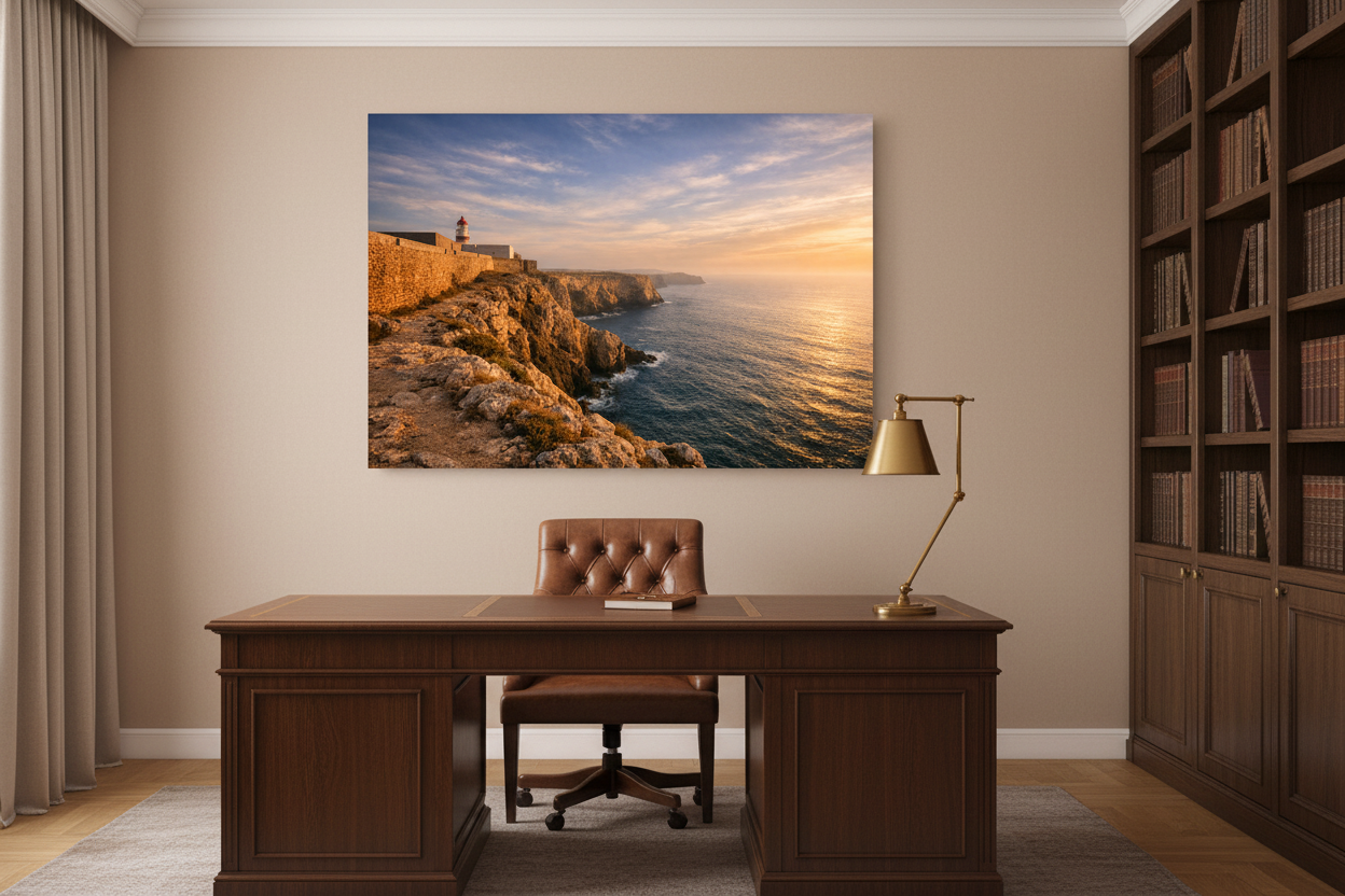 Sagres Fortress ancient stone walls and lighthouse on Atlantic cliffs at golden sunset canvas wall art displayed in a sophisticated home study with warm lamp lighting - Portugal Canvas Co