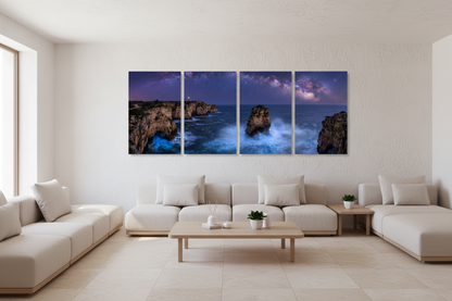 Four-panel Algarve coast at night gallery-wrapped canvas set in a bright five-star resort spa lounge - Portugal Canvas Co