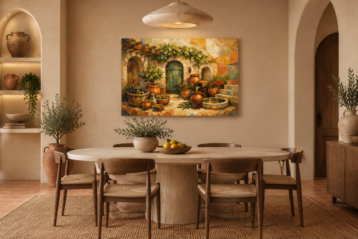 Mediterranean courtyard gallery-wrapped canvas in terracotta dining room - Portugal Canvas Co