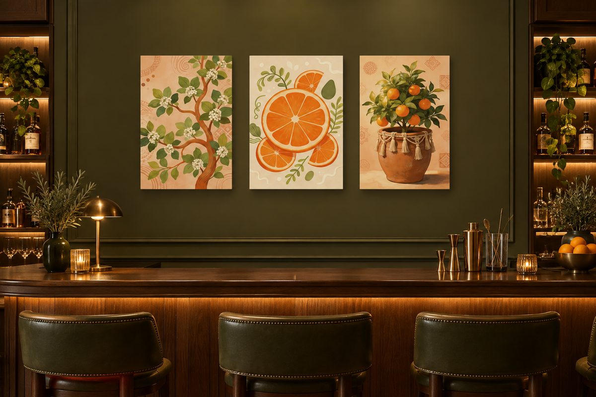 Three-piece orange citrus canvas set above a walnut counter in an olive-green cocktail bar - Portugal Canvas Co
