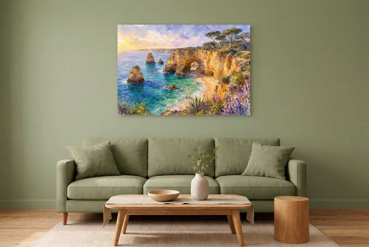 Algarve coastal arch landscape canvas above an olive green sofa against a matching green wall - Portugal Canvas Co