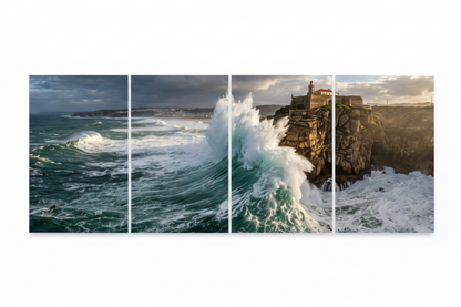 Nazaré Atlantic lighthouse four-panel canvas wall art on a pure white background - Portugal Canvas Co