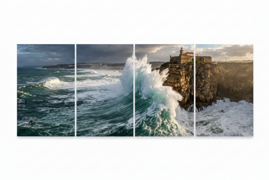 Nazaré Atlantic lighthouse four-panel canvas wall art on a pure white background - Portugal Canvas Co