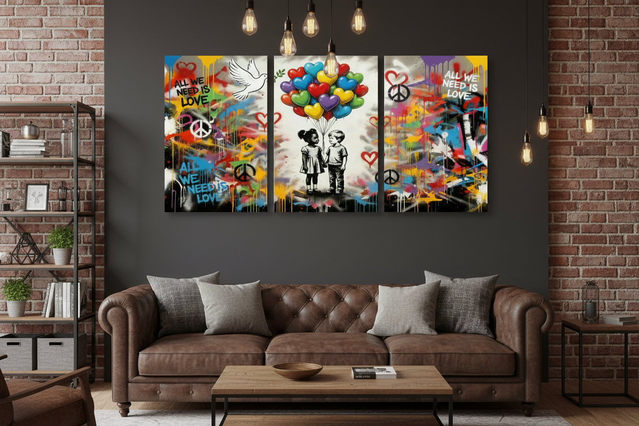 All We Need Is Love graffiti triptych canvas wall art displayed in an industrial loft with exposed brick and leather sofa - Portugal Canvas Co
