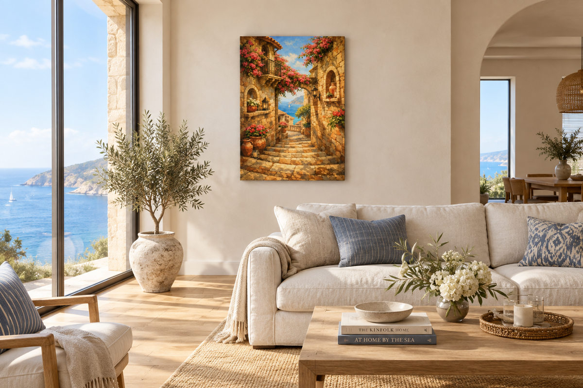 Mediterranean stone alleyway canvas wall art above a coffee table in a modern coastal living room with ocean view - Portugal Canvas Co