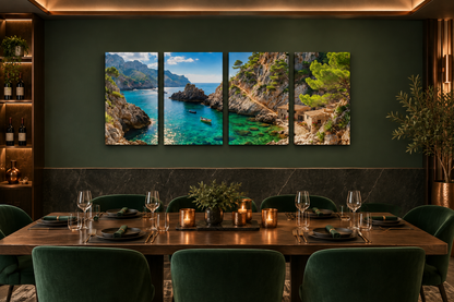 Hidden Mediterranean Cove four-panel canvas in a forest-green and copper private dining room - Portugal Canvas Co