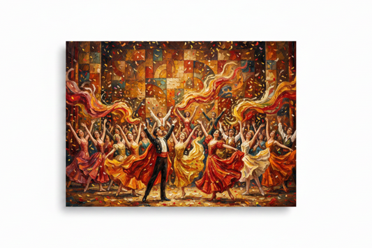 Vibrant festival dance performance canvas wall art flat lay on white background top-down view - Portugal Canvas Co