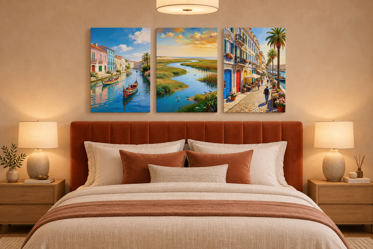 Aveiro three-panel canvas set above a terracotta headboard in a luxury lamp-lit bedroom - Portugal Canvas Co