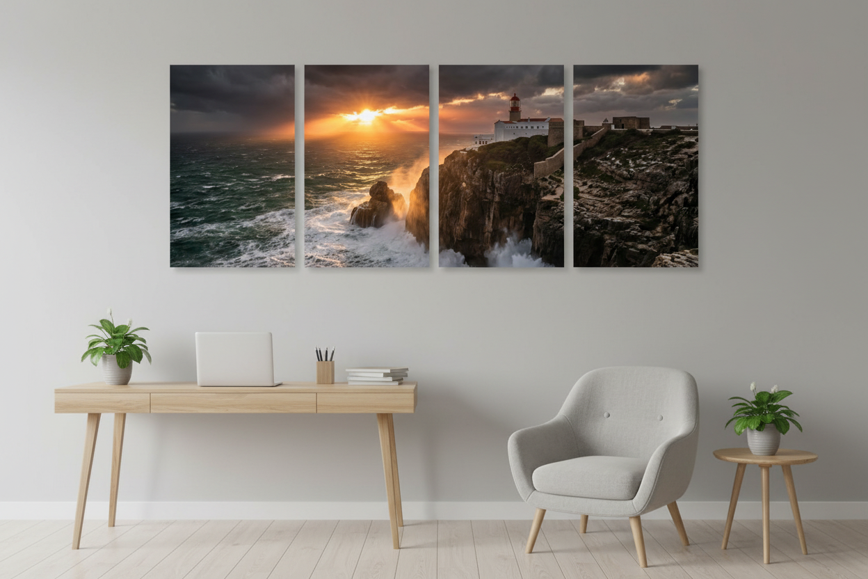 Cabo de São Vicente Lighthouse four-panel canvas wall art displayed in a modern Scandinavian office space - Portugal Canvas Co