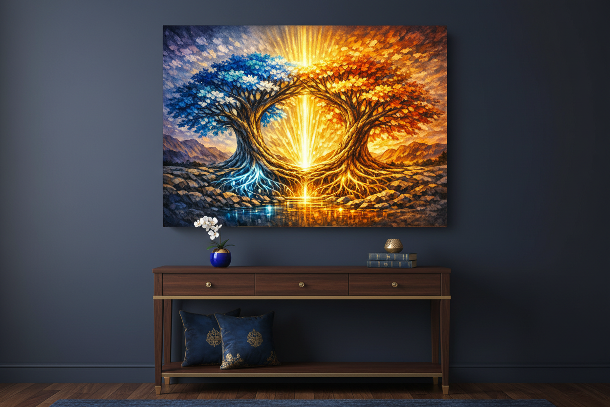 Dual element tree of light canvas wall art displayed on navy blue wall above dark walnut console in moody elegant living room - Portugal Canvas Co