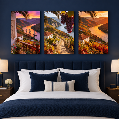 Douro Valley three-panel gallery-wrapped canvas set in a navy boutique hotel guest room - Portugal Canvas Co
