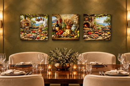 Mediterranean cooking three-square-panel canvas set displayed in a luxury hotel private dining room - Portugal Canvas Co