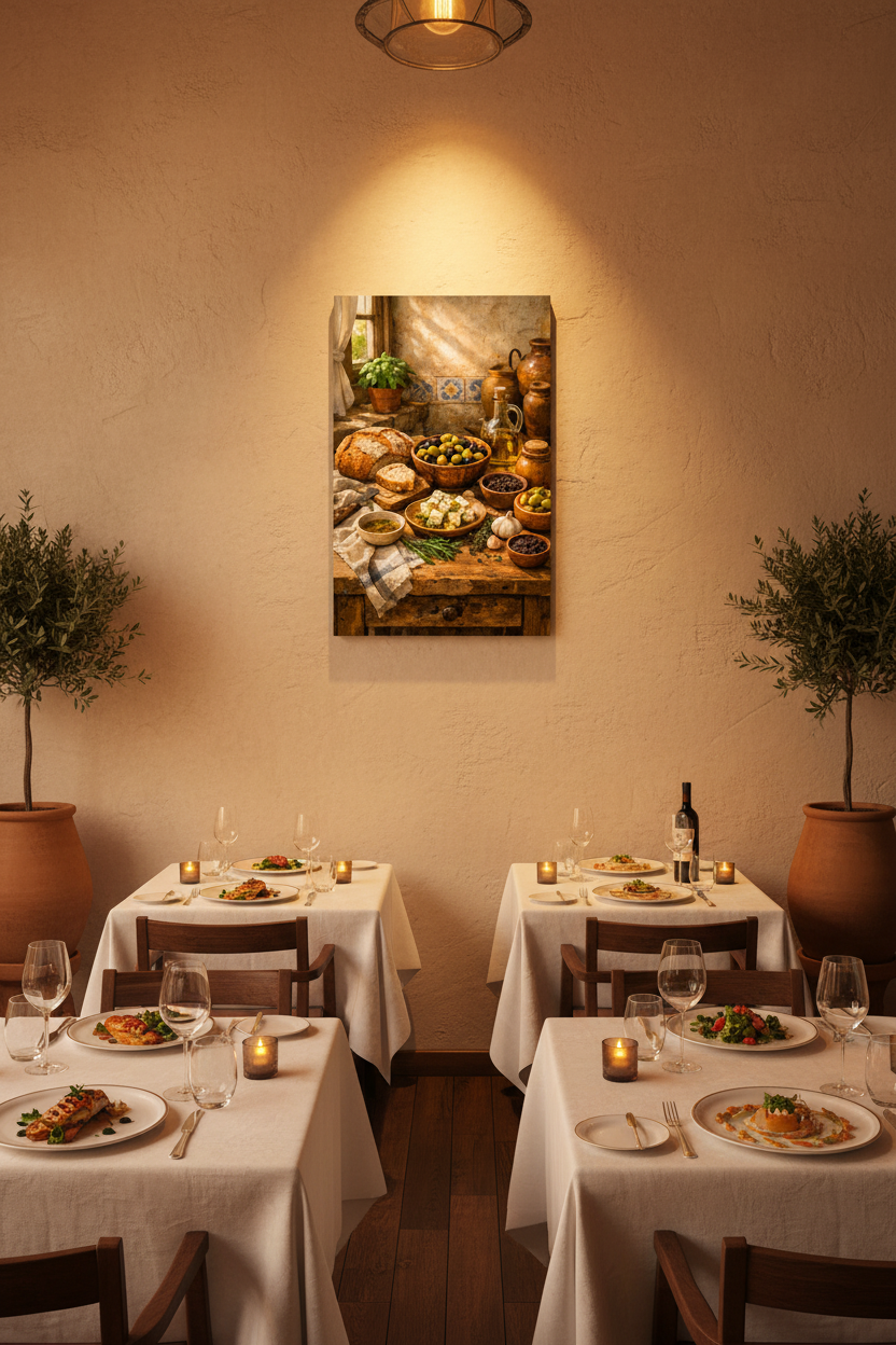 Mediterranean kitchen still life canvas wall art with olives feta and bread displayed in an upscale restaurant dining room - Portugal Canvas Co