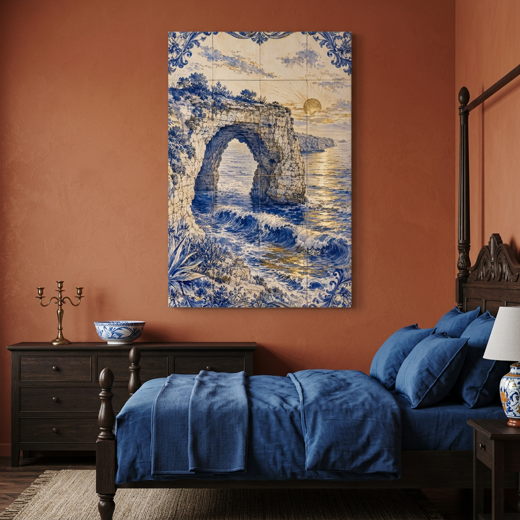 Azulejo-style coastal rock arch sunset canvas in a terracotta bedroom with blue bedding - Portugal Canvas Co