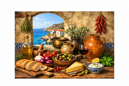Landscape Mediterranean coastal still life artwork with pottery, bread, cheese, olives and wine on a pure white background - Portugal Canvas Co
