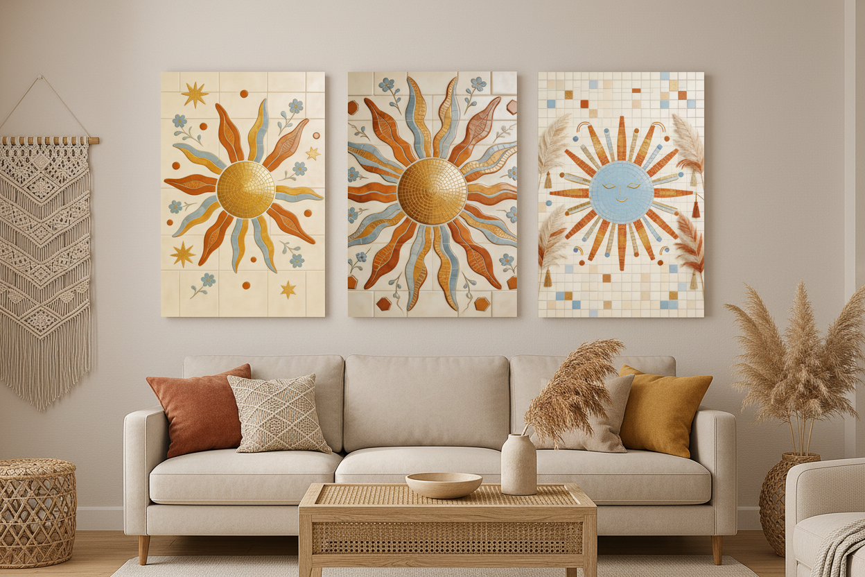 Boho mosaic sun triptych canvas wall art set displayed in a stylish boho living room interior - Portugal Canvas Co