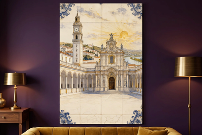 Portrait Coimbra architecture canvas on an aubergine wall above a mustard gold sofa with brass lamps - Portugal Canvas Co