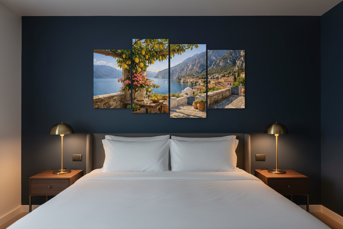 Hidden Mediterranean cove four-panel canvas wall art displayed above a king bed in a luxury boutique hotel bedroom with navy accent wall - Portugal Canvas Co