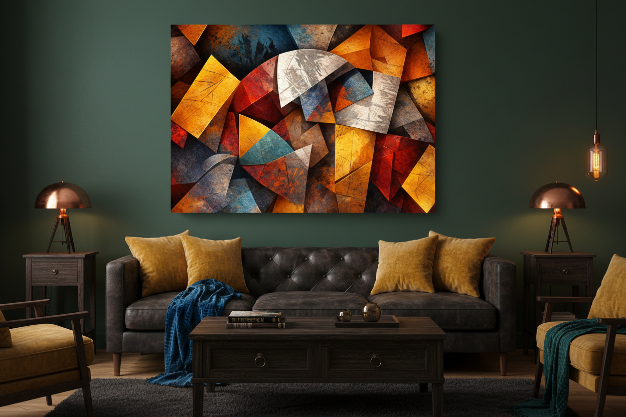 Modern abstract geometric canvas wall art displayed on forest green wall above dark leather sofa in moody eclectic living room - Portugal Canvas Co