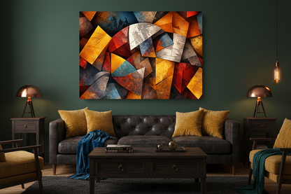Modern abstract geometric canvas wall art displayed on forest green wall above dark leather sofa in moody eclectic living room - Portugal Canvas Co