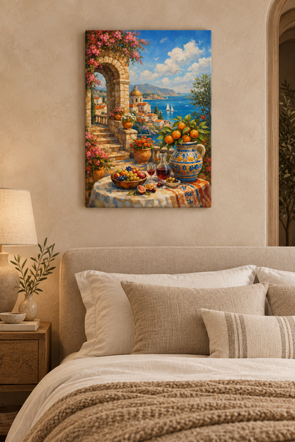 Mediterranean coastal archway canvas with bougainvillea and sea view in an elegant bedroom - Portugal Canvas Co