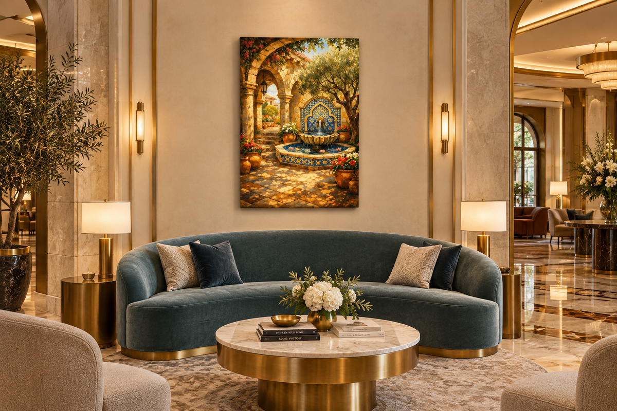 Mediterranean courtyard fountain canvas wall art above a curved sofa in an upscale hotel lobby lounge - Portugal Canvas Co