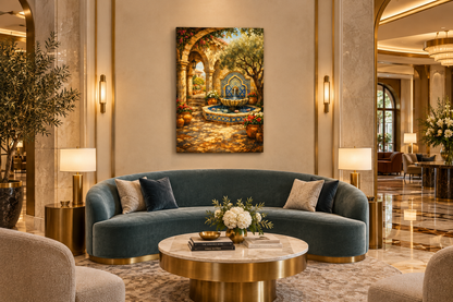 Mediterranean courtyard fountain canvas wall art above a curved sofa in an upscale hotel lobby lounge - Portugal Canvas Co