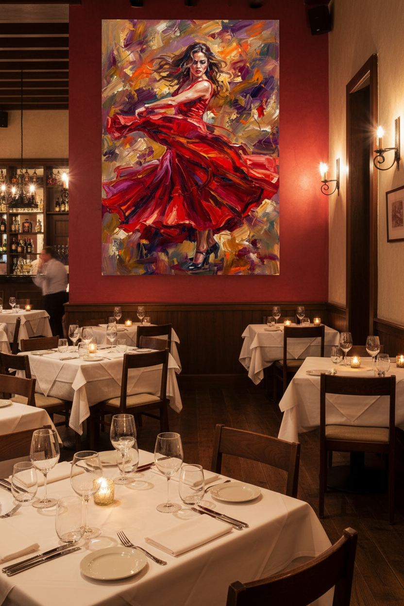 Flamenco dancer in red dress vibrant canvas wall art displayed on a deep red wall in an upscale Spanish restaurant with candlelit tables - Portugal Canvas Co