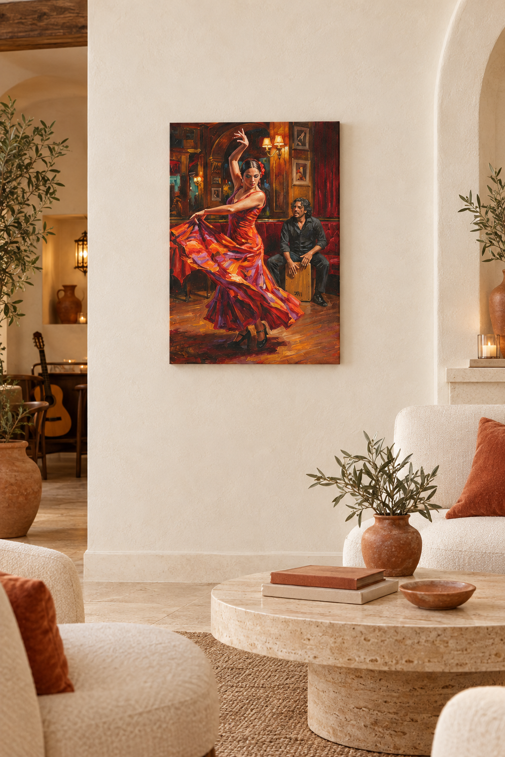 Flamenco dancer and cajón musician canvas centered on a light ivory wall in an elegant Spanish lounge - Portugal Canvas Co