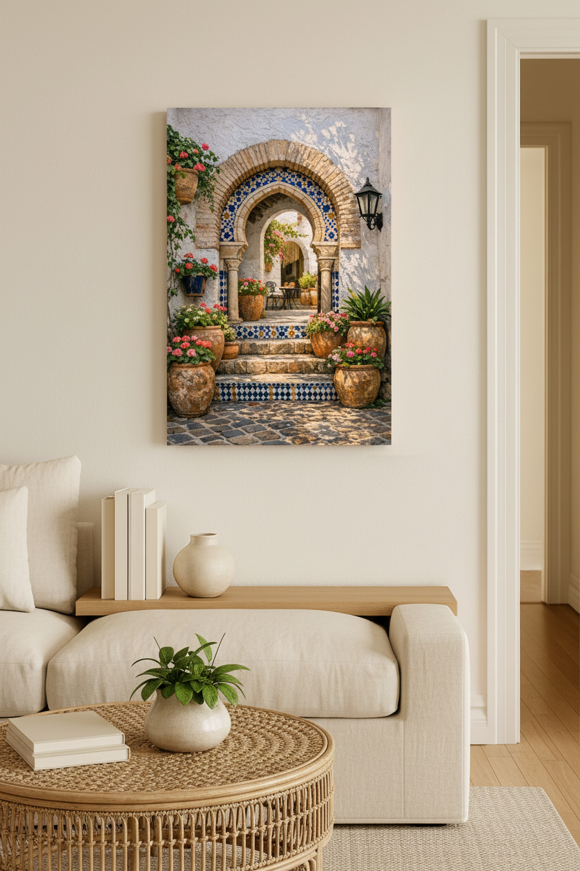 Andalusian archway courtyard canvas wall art with blue mosaic tiles and terracotta pots displayed in a bright minimalist living room with cream linen sofa and rattan coffee table - Portugal Canvas Co