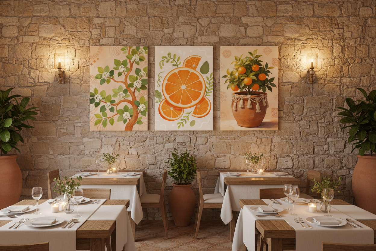 Mediterranean citrus triptych canvas wall art set displayed on the wall of an elegant Mediterranean restaurant with exposed stone walls and warm candlelight - Portugal Canvas Co