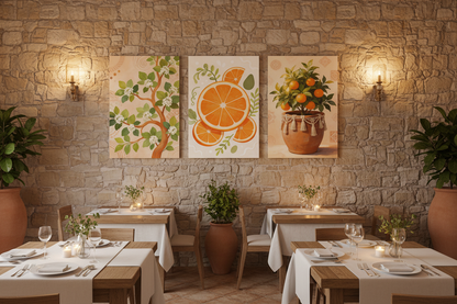 Mediterranean citrus triptych canvas wall art set displayed on the wall of an elegant Mediterranean restaurant with exposed stone walls and warm candlelight - Portugal Canvas Co