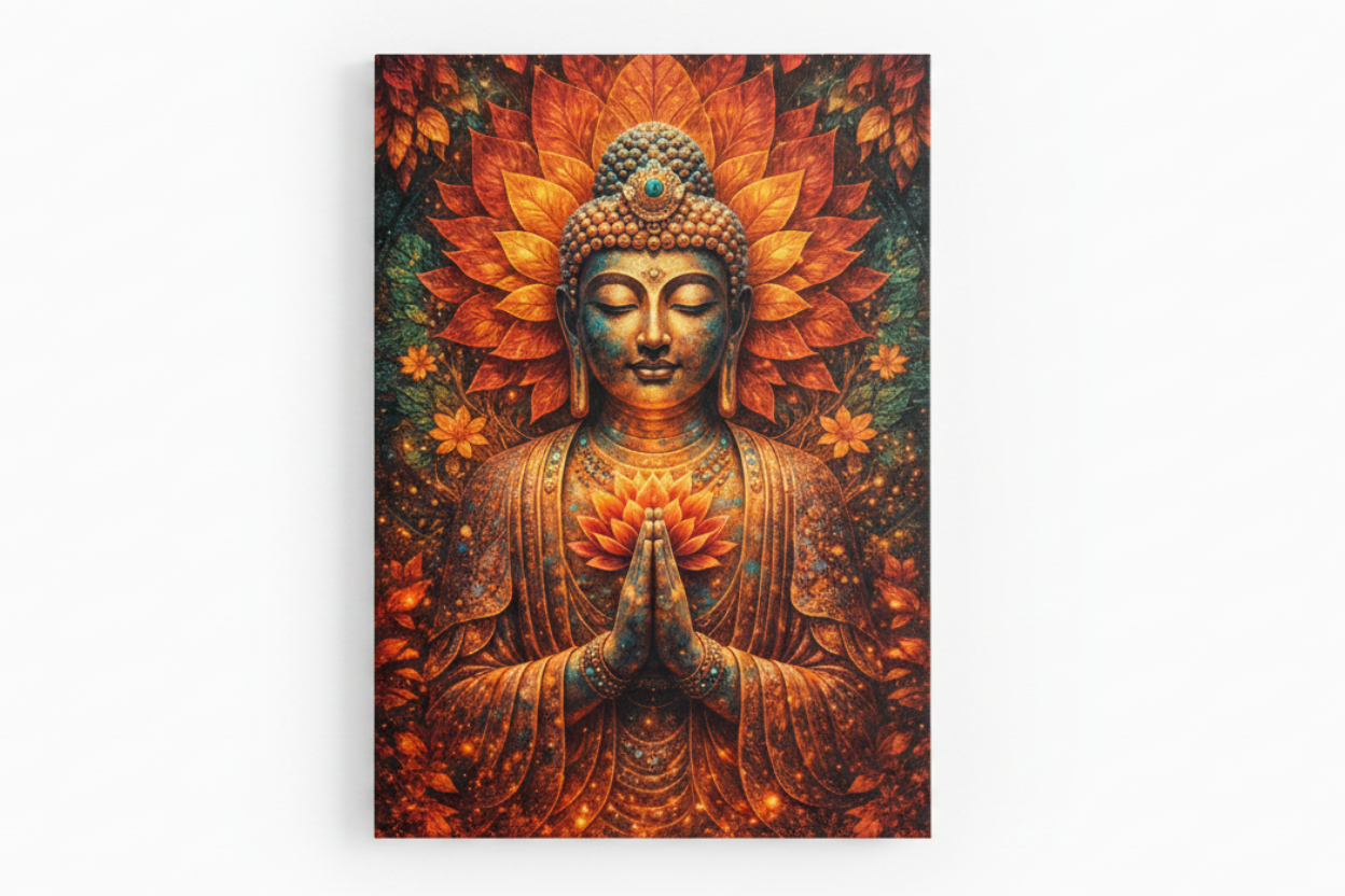 Golden serenity Buddha radiant lotus meditation orange red autumn leaves canvas print flat lay on white background - Portugal Canvas Co