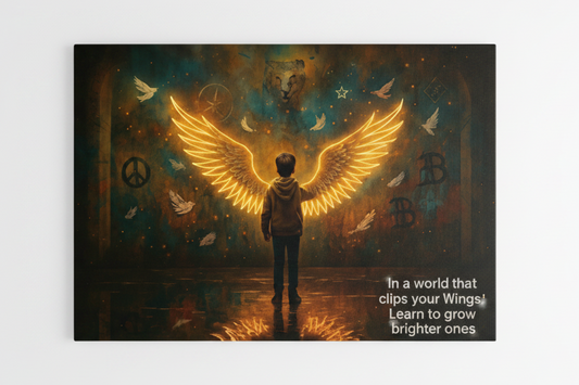 In a World That Clips Your Wings motivational canvas print with glowing golden angel wings laid flat on white background - Portugal Canvas Co