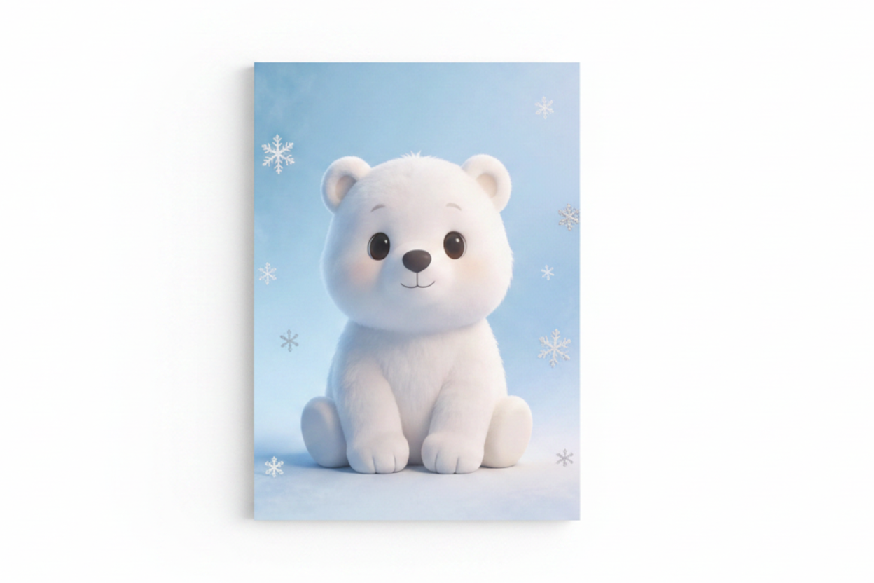 Cute polar bear nursery canvas wall art flat lay on white background, overhead view, landscape format - Portugal Canvas Co