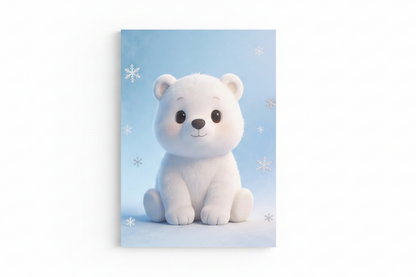 Cute polar bear nursery canvas wall art flat lay on white background, overhead view, landscape format - Portugal Canvas Co